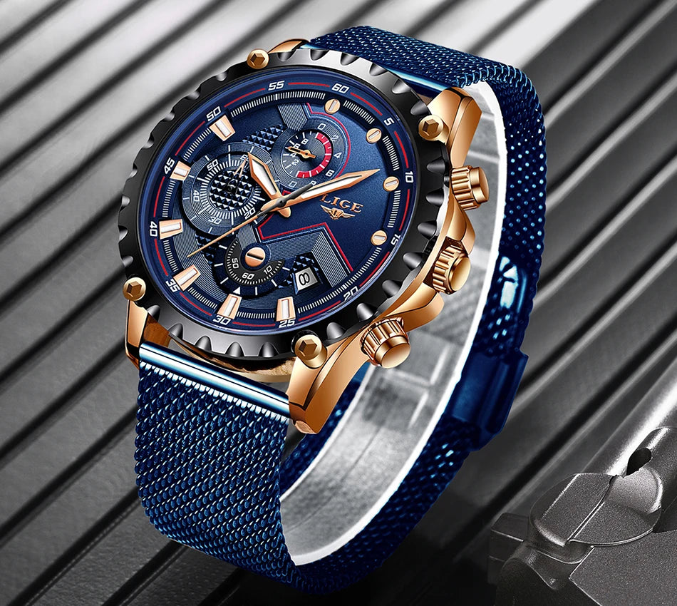 2025 New LIGE Blue Casual Mesh Belt Fashion Quartz Wristwatches Mens Watches Top Brand Luxury Waterproof Clock Relogio Masculino