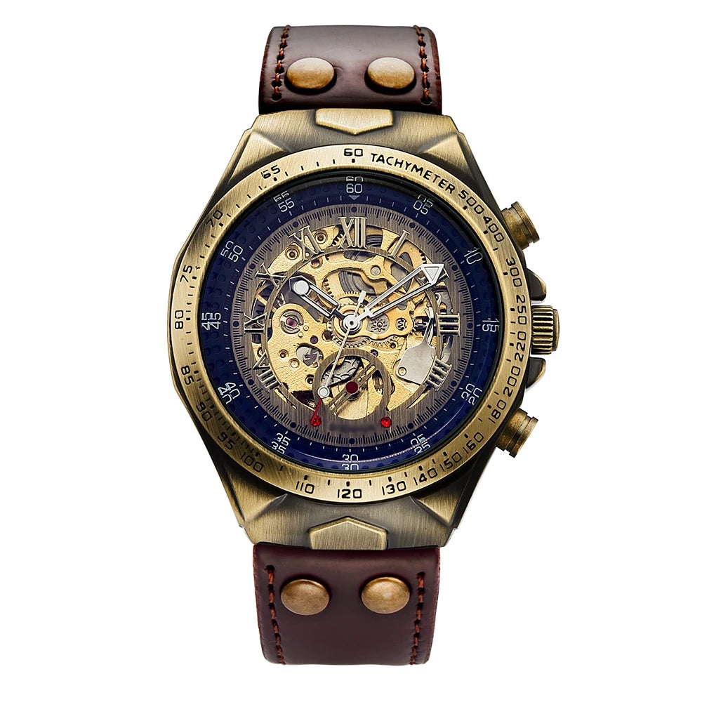 Retro Luxury Mens Mechanical Automatic Self-Wind Watch Skeleton Roman Numbers Analog Without Battery Leather Wristwatch Clock