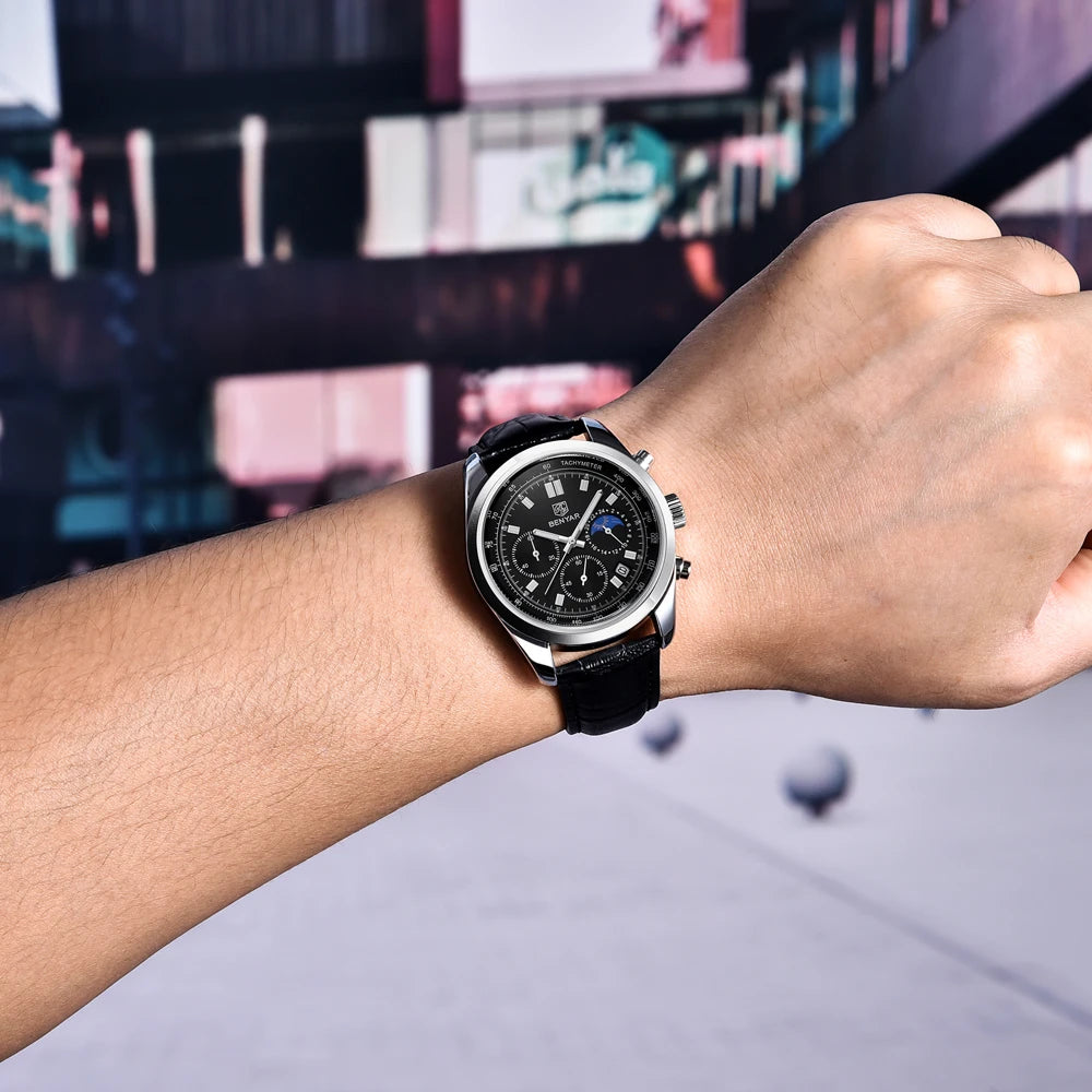 Luxury Men Quartz Wristwatches Top Brand Genuine Leather Chronograph 30M Waterproof Sport Watch Men Reloj Hombre Dropshipping