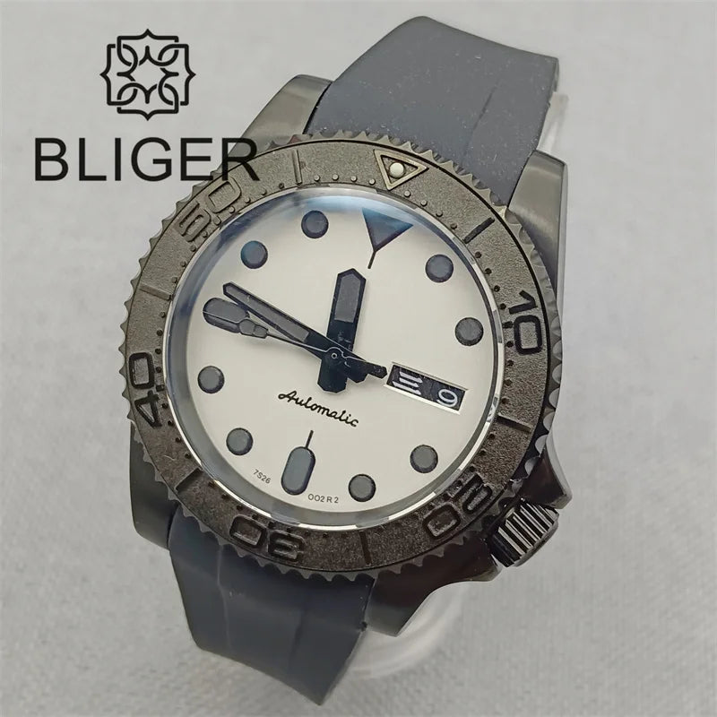 BLIGER 40mm Watch for Men NH36 Movement Week-day Display Function Full Black Dial Curved Luxury Business Waterproof Watch