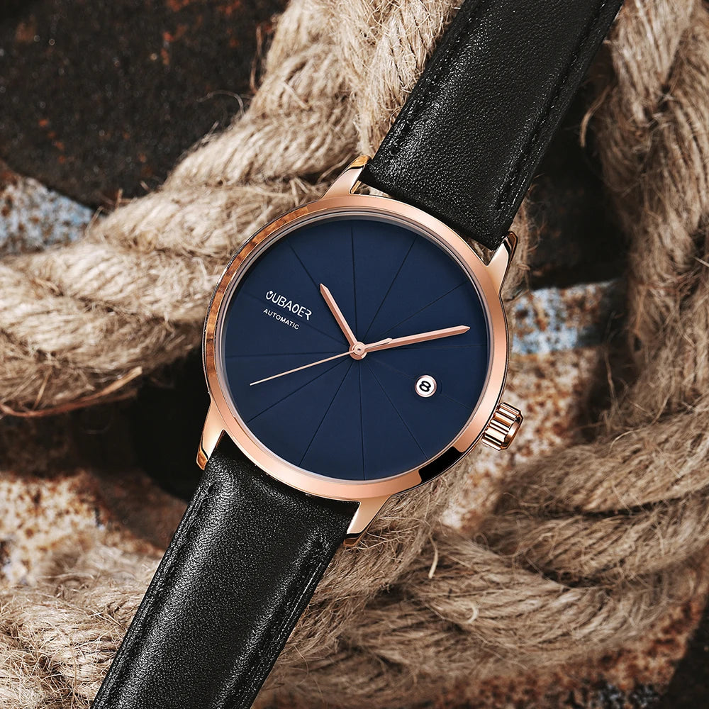 2025 OUBAOER Men Watch Automatic Mechanical Watches Bussiness Leather Strap Wristwatches Waterproof Classic Minimalist Clocks