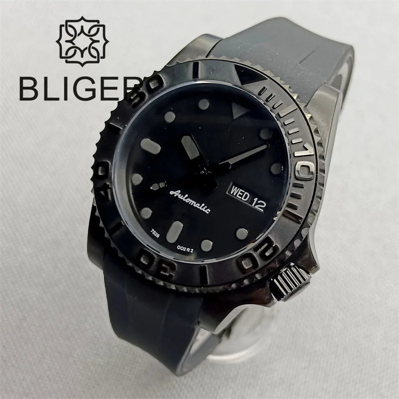 BLIGER 40mm Watch for Men NH36 Movement Week-day Display Function Full Black Dial Curved Luxury Business Waterproof Watch