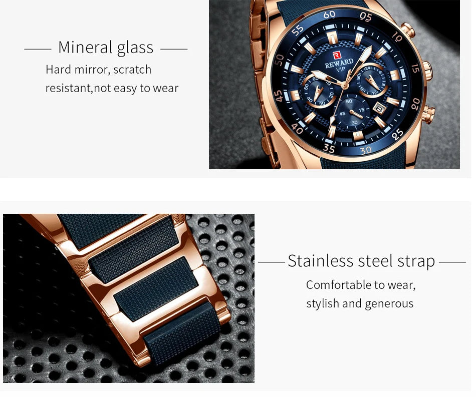 REWARD Big Dial Mens Watches Top Luxury Brand Sport Waterproof Watch Men Chronograph Quartz Clock Automatic Date WristWatches