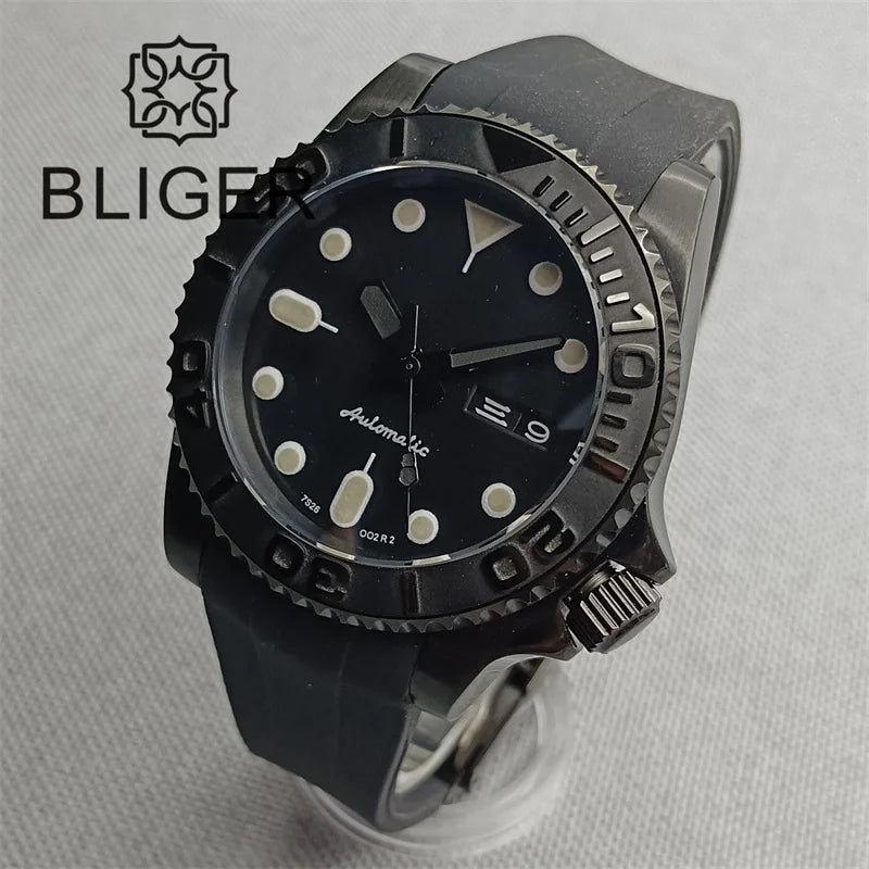 BLIGER 40mm Watch for Men NH36 Movement Week-day Display Function Full Black Dial Curved Luxury Business Waterproof Watch