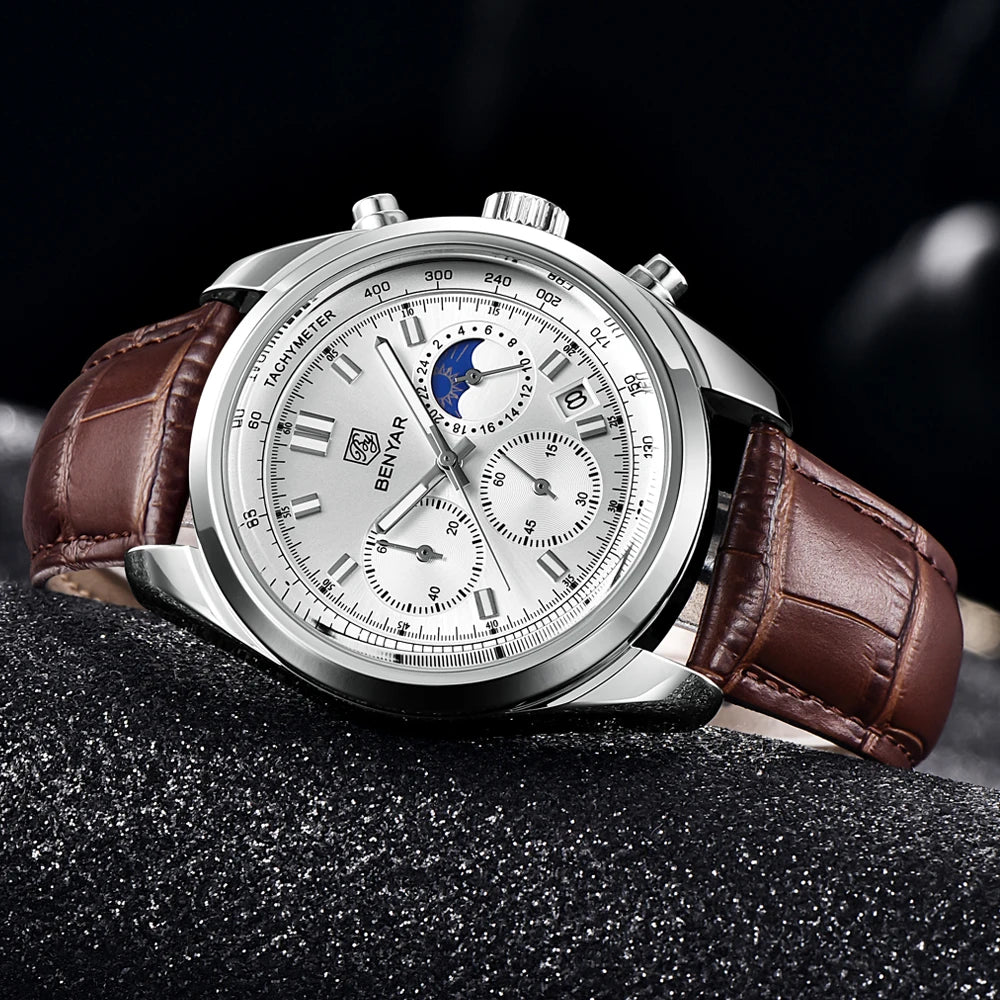 Luxury Men Quartz Wristwatches Top Brand Genuine Leather Chronograph 30M Waterproof Sport Watch Men Reloj Hombre Dropshipping