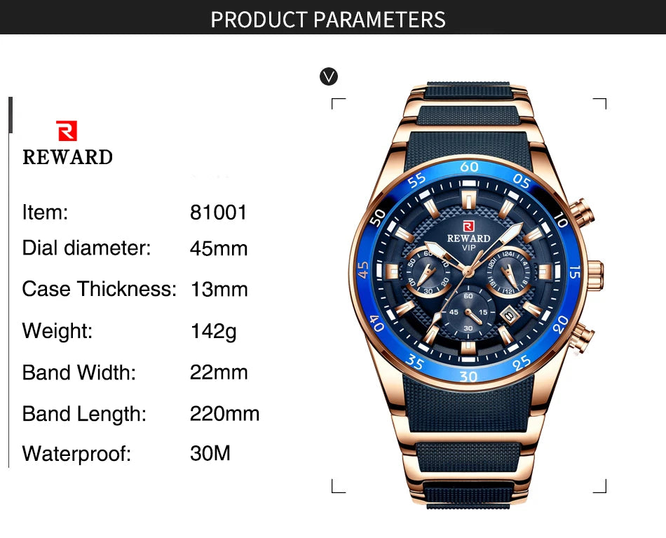 REWARD Big Dial Mens Watches Top Luxury Brand Sport Waterproof Watch Men Chronograph Quartz Clock Automatic Date WristWatches