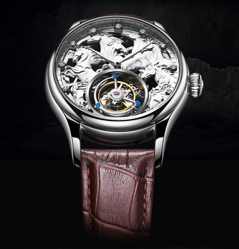 Aesop Flying Tourbillon Mechanical Watch For Men Eight Horses Stylish Waterproof Wristwatch Stylish Skeleton Dial Luxury 2025A