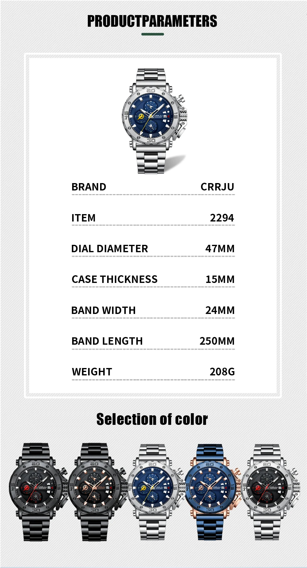 CRRJU Watch for Men Top Brand Luxury Big Dial Stainless Steel Waterproof Chronograph Wristwatches with Date Relogio Masculino