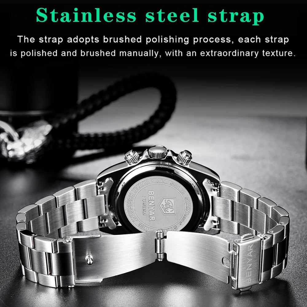 Relojes Hombre 2024 BENYAR New  Watches Men Luxury Brand Chronograph Male Sport Watches Waterproof Stainless Steel Quartz  Watch