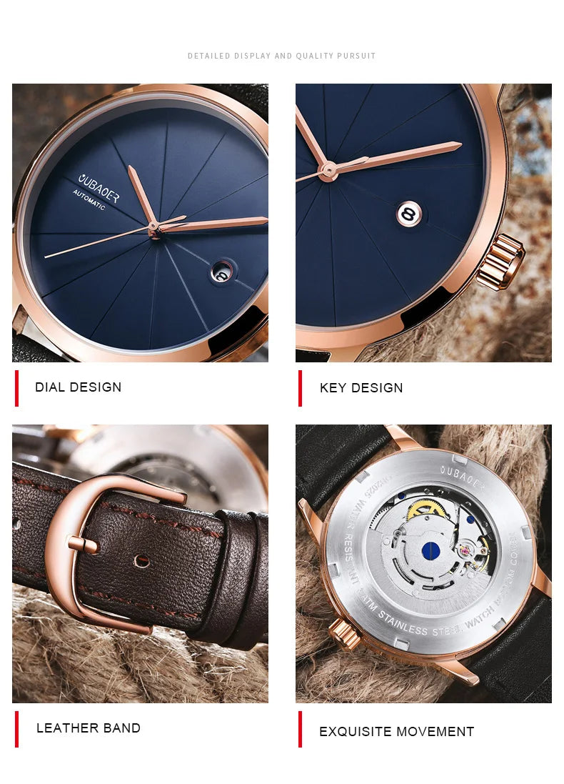 2025 OUBAOER Men Watch Automatic Mechanical Watches Bussiness Leather Strap Wristwatches Waterproof Classic Minimalist Clocks