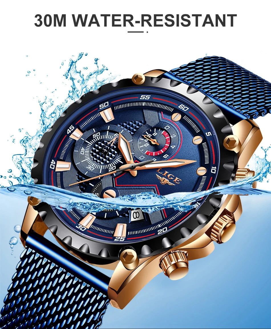 2025 New LIGE Blue Casual Mesh Belt Fashion Quartz Wristwatches Mens Watches Top Brand Luxury Waterproof Clock Relogio Masculino