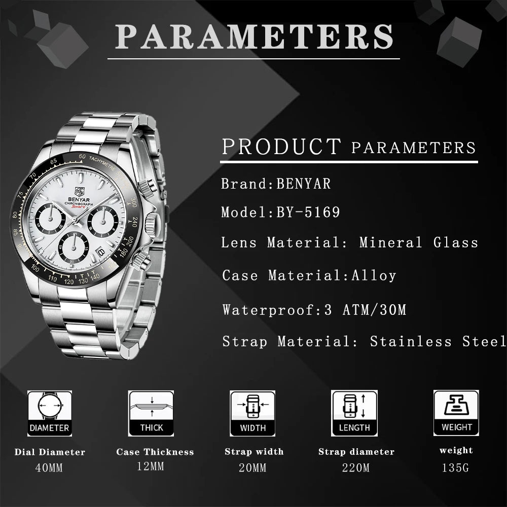 Relojes Hombre 2024 BENYAR New  Watches Men Luxury Brand Chronograph Male Sport Watches Waterproof Stainless Steel Quartz  Watch