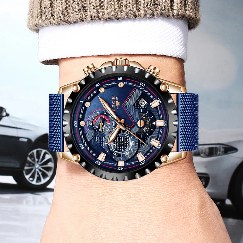 2025 New LIGE Blue Casual Mesh Belt Fashion Quartz Wristwatches Mens Watches Top Brand Luxury Waterproof Clock Relogio Masculino