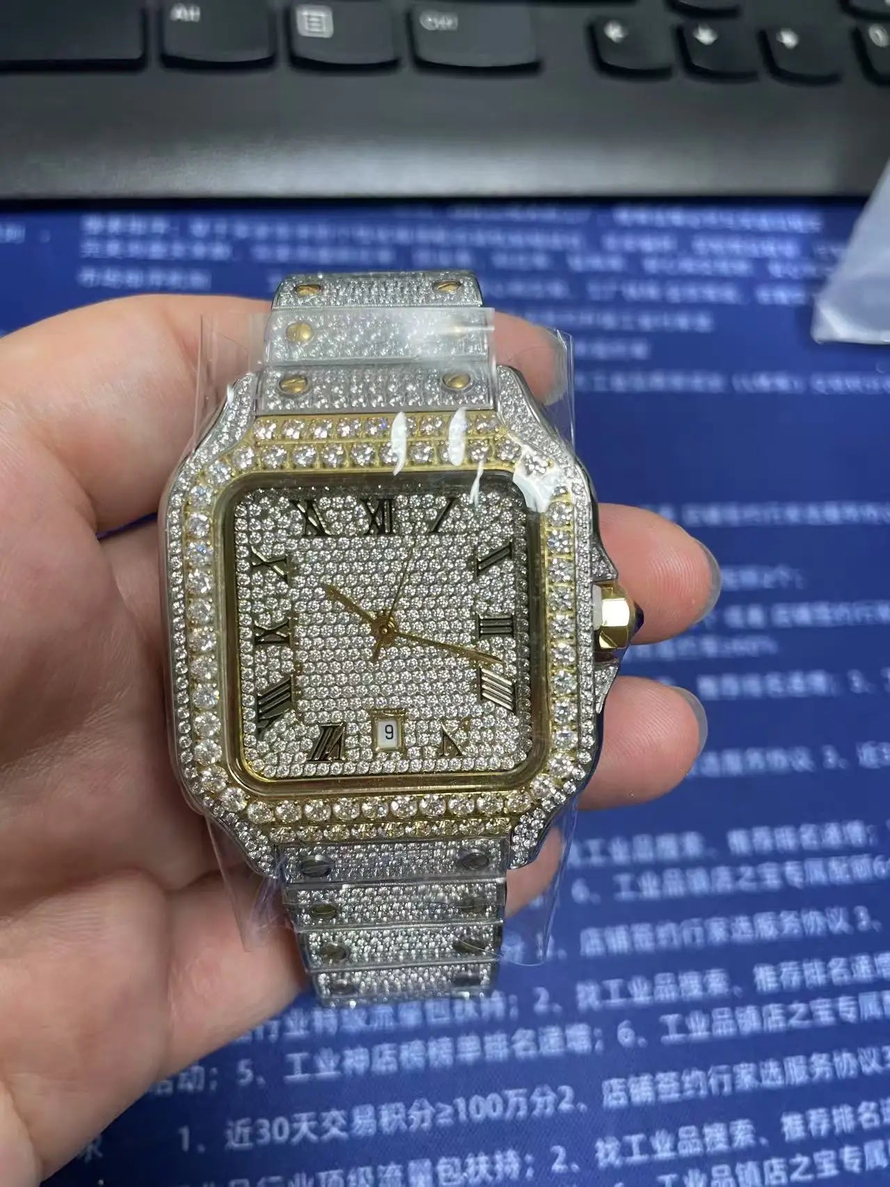 Shenzhen Factory Wholesale Perfect Diamond Stainless Steel Quartz Watches for Men Gold Silver Sparkling Rectangle Dial 40mm