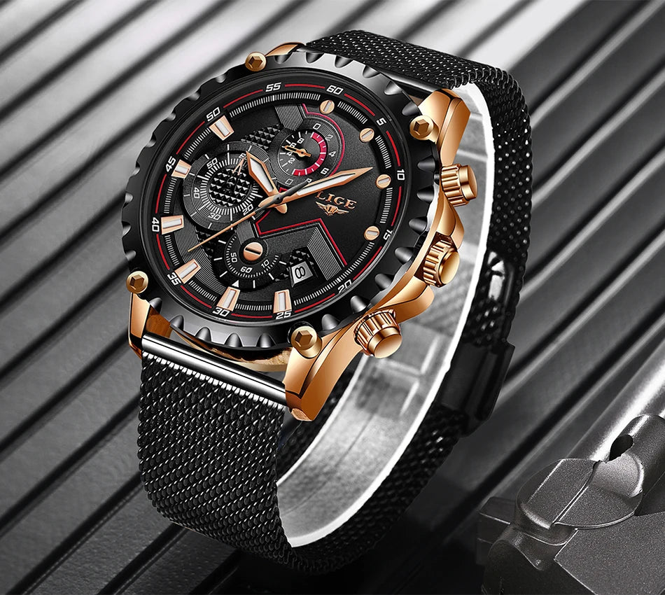 2025 New LIGE Blue Casual Mesh Belt Fashion Quartz Wristwatches Mens Watches Top Brand Luxury Waterproof Clock Relogio Masculino