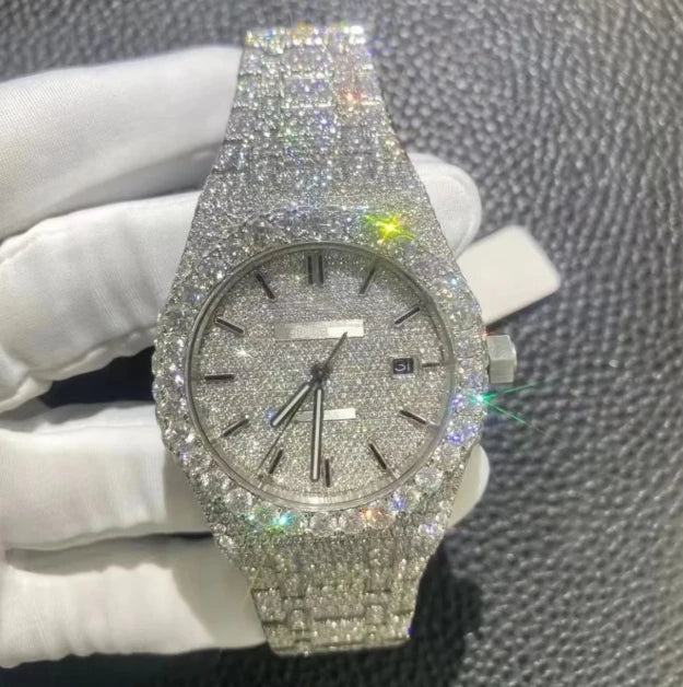 D Color Moissanite Sport Mechanical Watch VVS Hip Hop Stainless Steel Iced Out Diameter Watch Full Pave Setting Pointer Display