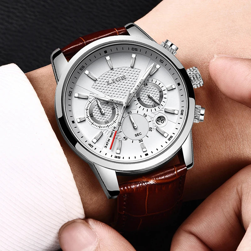 2023 New Mens Watches LIGE Top Brand Leather Chronograph Waterproof Sport Automatic Date Quartz Watch For Men Relogio Masculino
