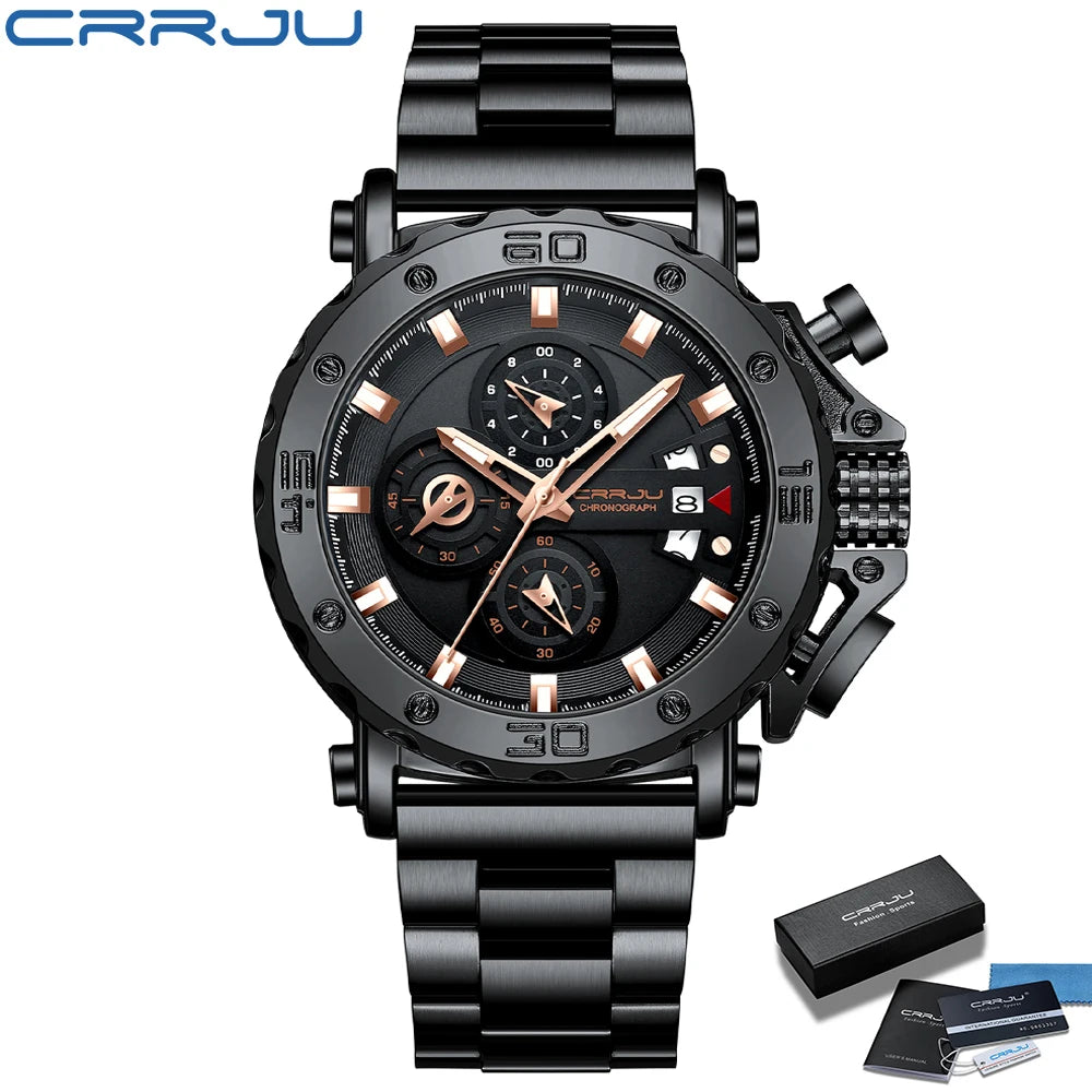 Relogio Masculino CRRJU Sport Chronograph Mens Watches Top Brand Luxury Full Steel Quartz Clock Waterproof Big Dial Watch Men