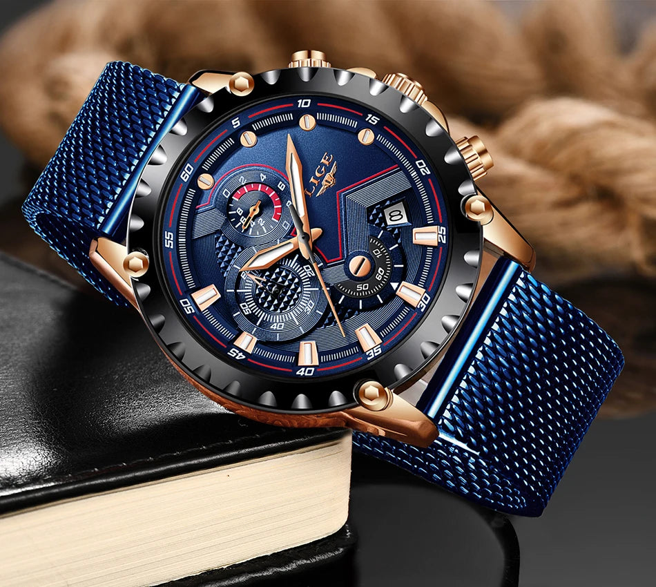 2025 New LIGE Blue Casual Mesh Belt Fashion Quartz Wristwatches Mens Watches Top Brand Luxury Waterproof Clock Relogio Masculino