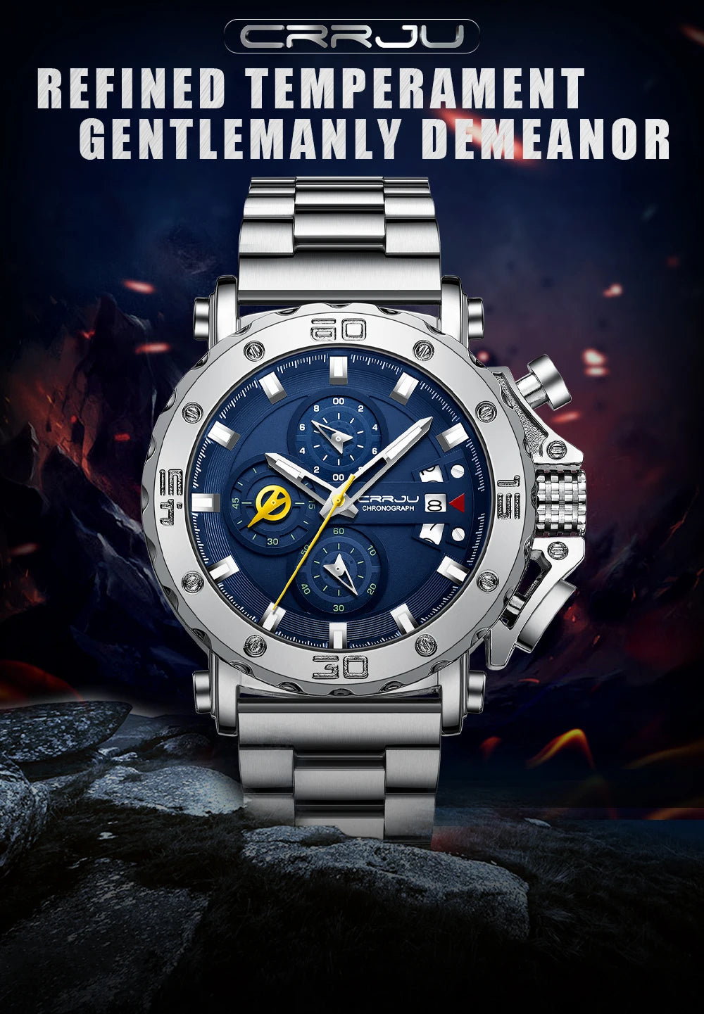 CRRJU Watch for Men Top Brand Luxury Big Dial Stainless Steel Waterproof Chronograph Wristwatches with Date Relogio Masculino