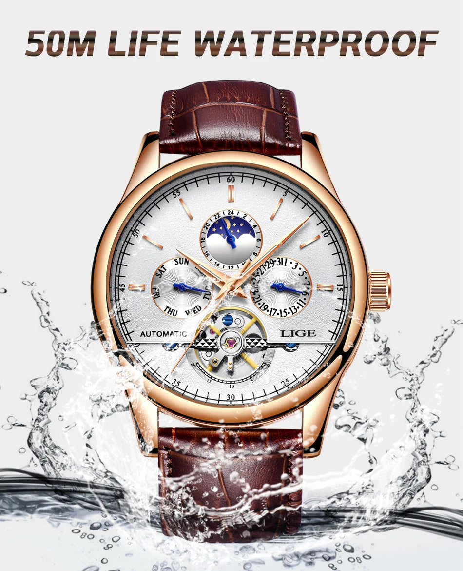 Relogio Masculino 50M Waterproof Mens Watches New LIGE Top Brand Luxury Automatic Mechanical Watch Man Leather Watch Week Clock