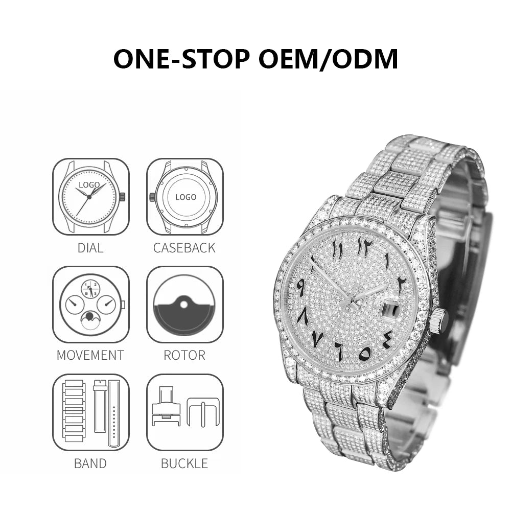 Hip Hop Bust Down Custom Automatic Mechanical Watches Luxury Brand Gold Iced Out VVS Moissanite Diamond Watch for Men ODM OEM