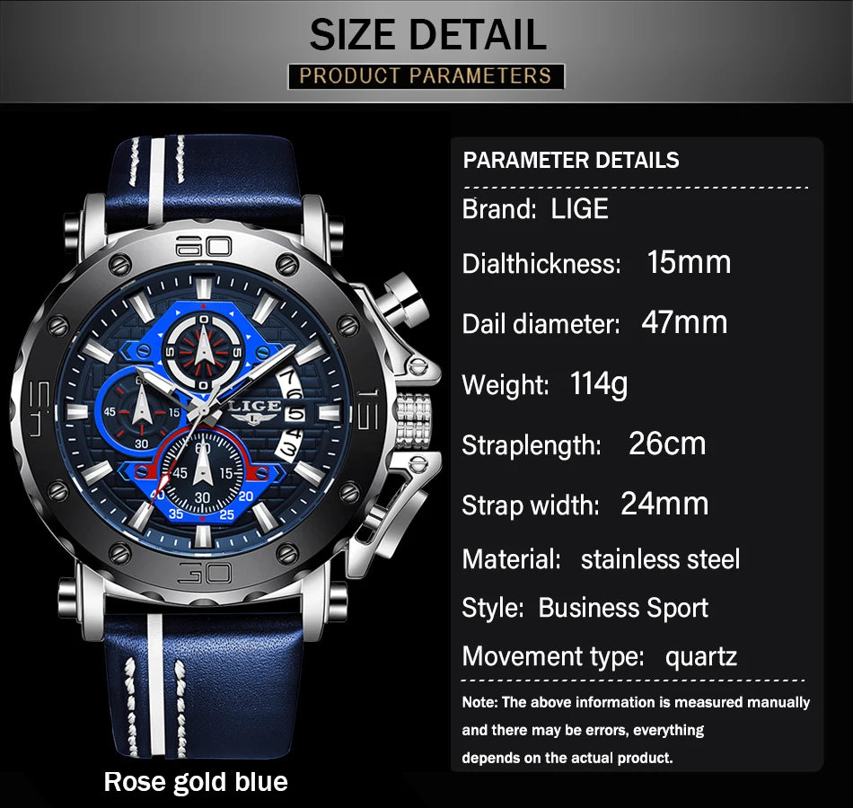 2025 LIGE New Mens Watches Top Brand Luxury Big Dial Military Quartz Watch Leather Waterproof Sport Wristwatch Relogio Masculino