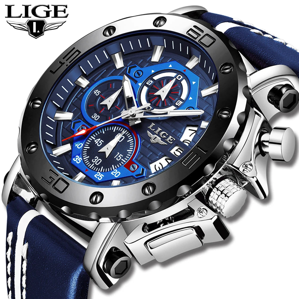 2025 LIGE New Mens Watches Top Brand Luxury Big Dial Military Quartz Watch Leather Waterproof Sport Wristwatch Relogio Masculino