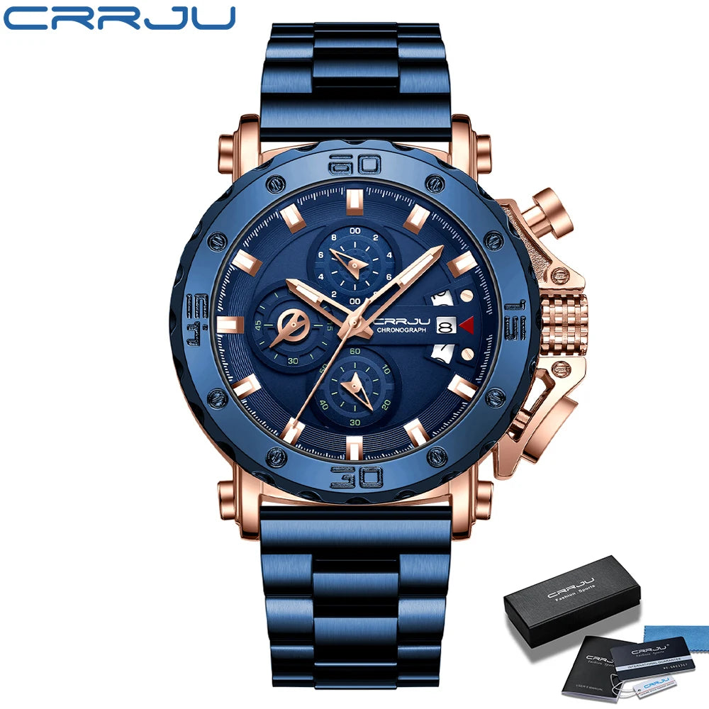 Relogio Masculino CRRJU Sport Chronograph Mens Watches Top Brand Luxury Full Steel Quartz Clock Waterproof Big Dial Watch Men