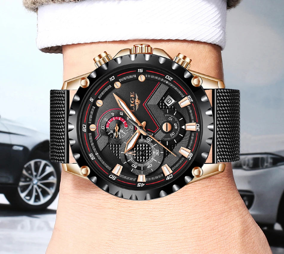 2025 New LIGE Blue Casual Mesh Belt Fashion Quartz Wristwatches Mens Watches Top Brand Luxury Waterproof Clock Relogio Masculino