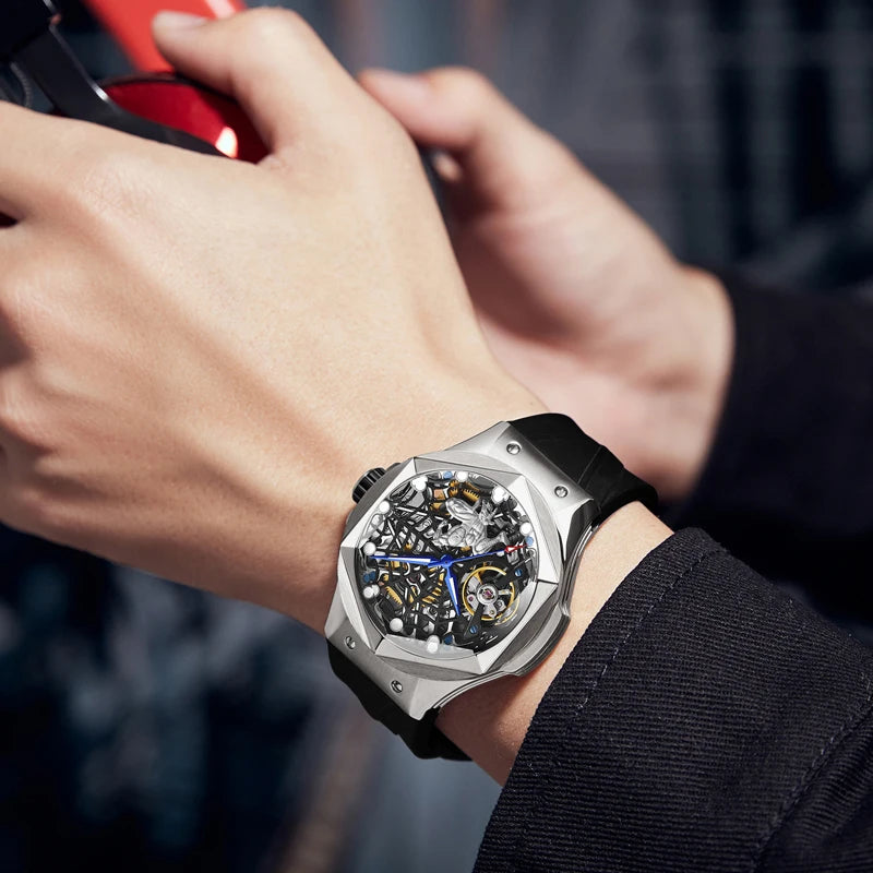 Wholesale Custom Men Trendy Fashion Automatic Watch Sapphire Hollow Flywheel Spider Web Dial Personalized Style Mechanical Watch