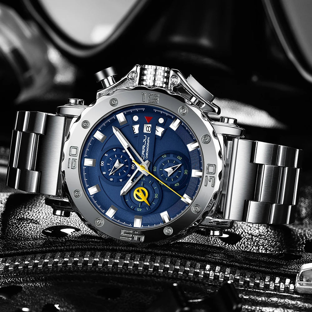 CRRJU Watch for Men Top Brand Luxury Big Dial Stainless Steel Waterproof Chronograph Wristwatches with Date Relogio Masculino