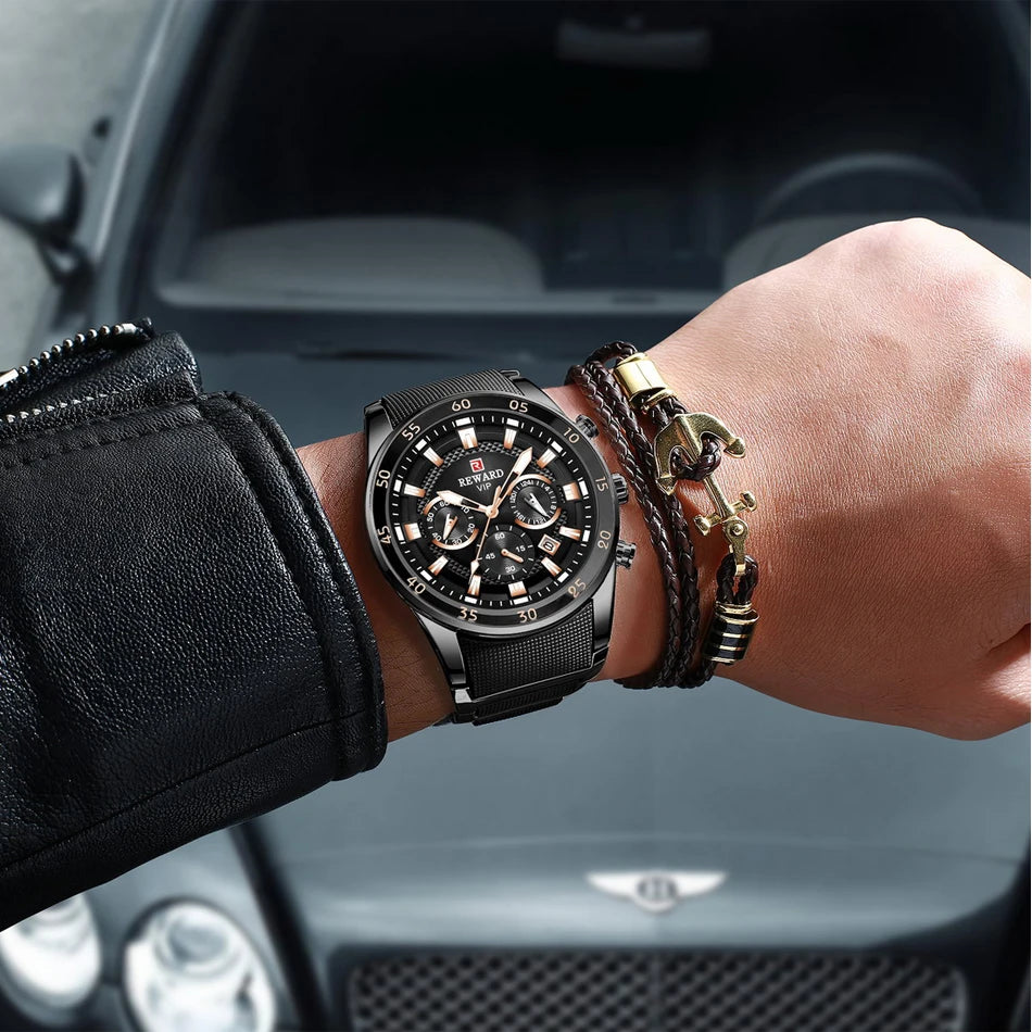 REWARD Big Dial Mens Watches Top Luxury Brand Sport Waterproof Watch Men Chronograph Quartz Clock Automatic Date WristWatches
