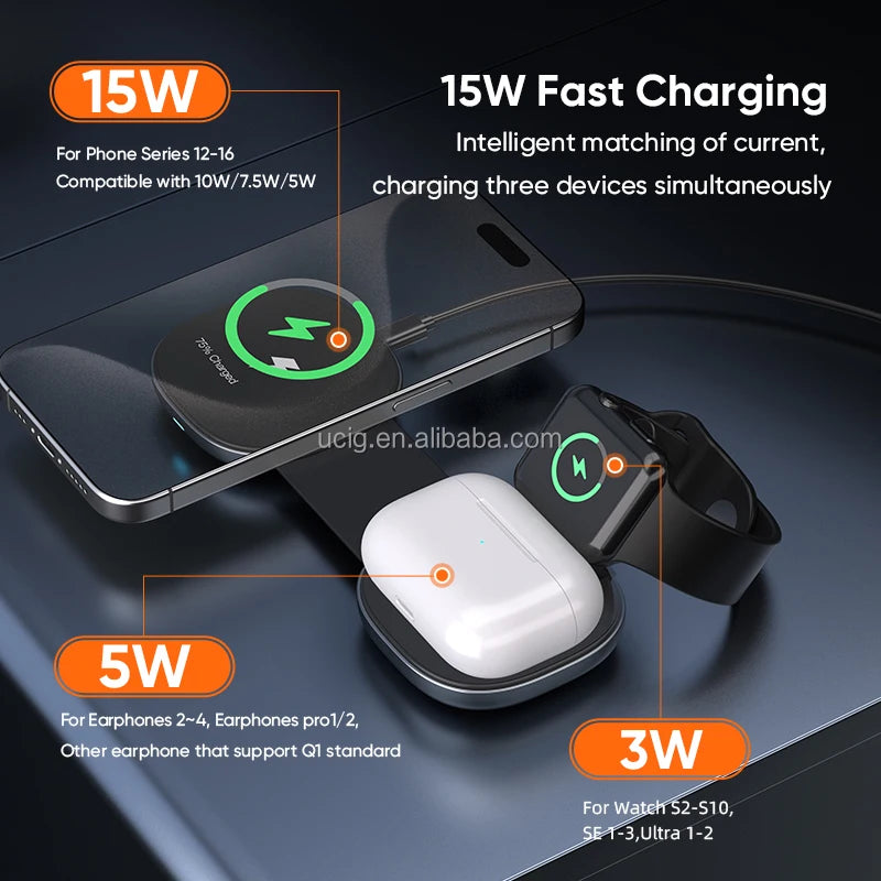 Compact Mini Wireless Charger | 3 in 1 Foldable Mobile Phone & Earphone & Smart Watch Charging Pad