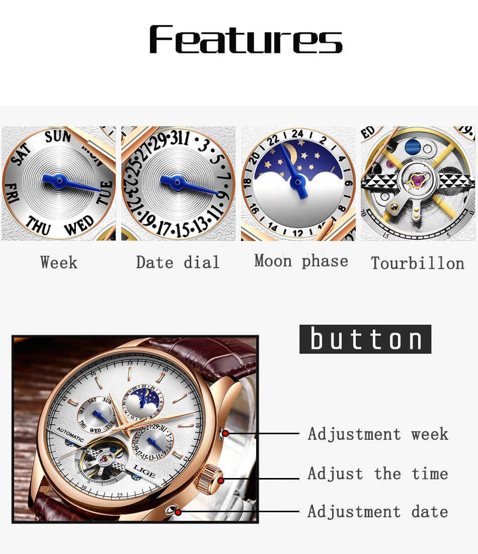 Relogio Masculino 50M Waterproof Mens Watches New LIGE Top Brand Luxury Automatic Mechanical Watch Man Leather Watch Week Clock