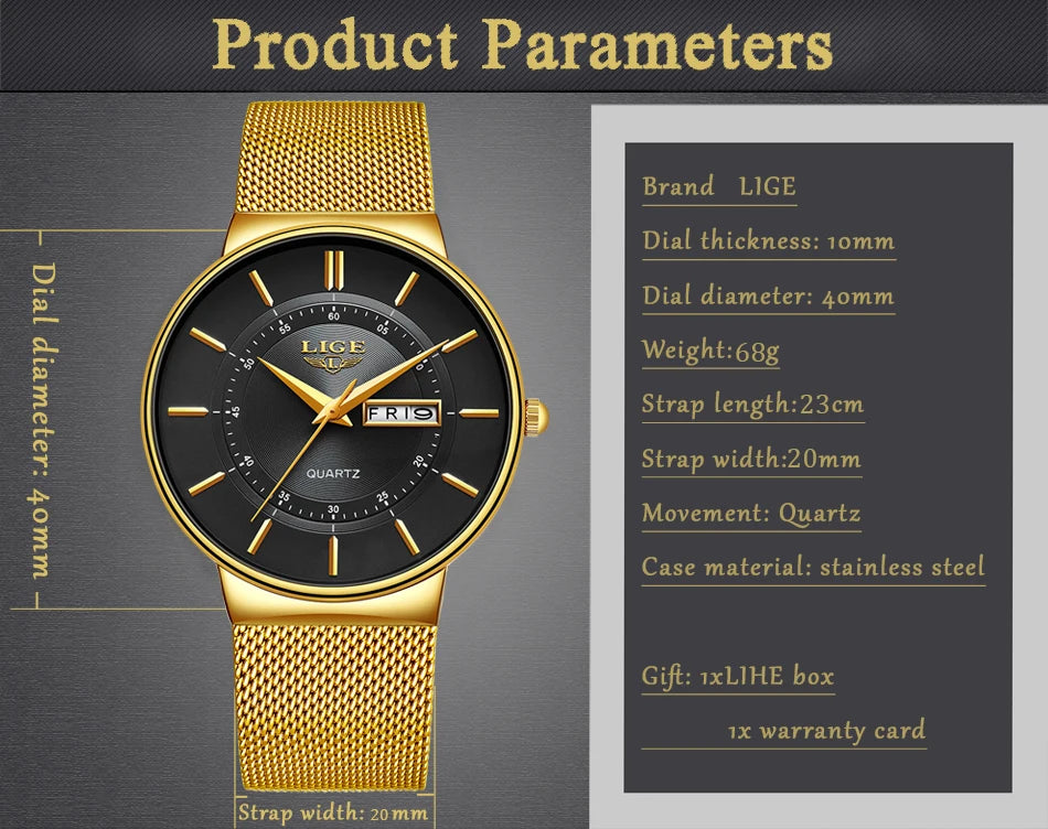 Relogio Masculino 2024 LIGE New Mens Watches Top Brand Luxury Ultra Thin Quartz Watch Men Steel Mesh Strap Waterproof Gold Watch