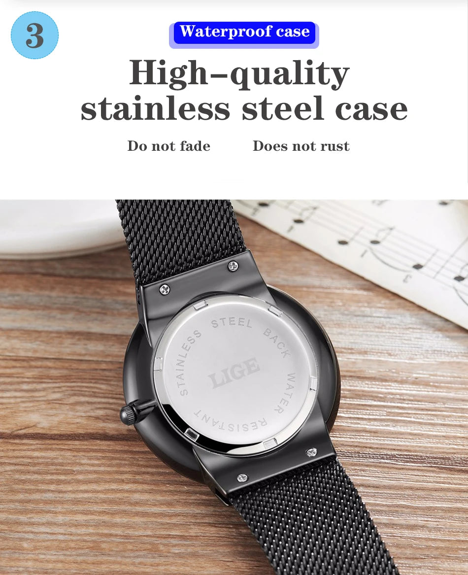 Relogio Masculino 2024 LIGE New Mens Watches Top Brand Luxury Ultra Thin Quartz Watch Men Steel Mesh Strap Waterproof Gold Watch