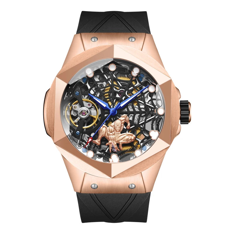 Wholesale Custom Men Trendy Fashion Automatic Watch Sapphire Hollow Flywheel Spider Web Dial Personalized Style Mechanical Watch