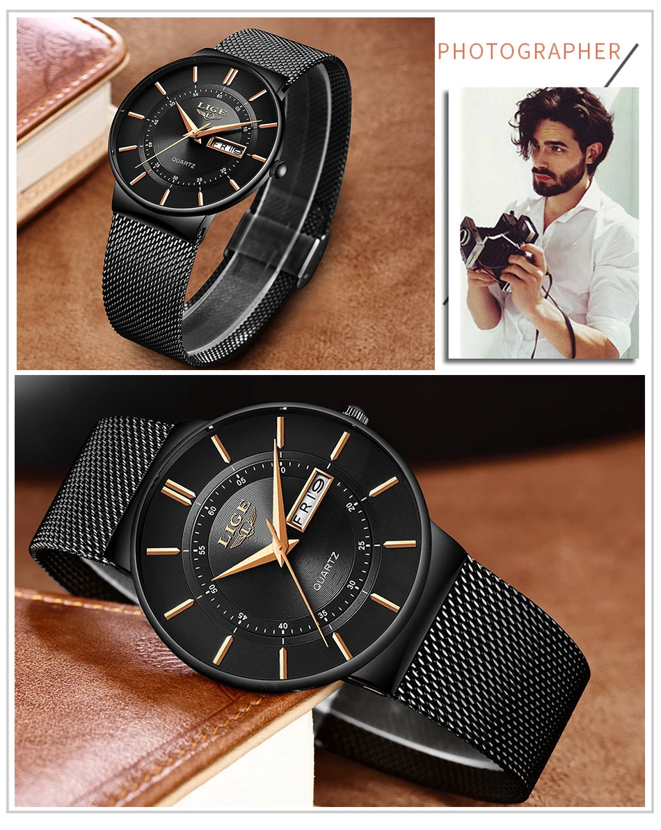 Relogio Masculino 2024 LIGE New Mens Watches Top Brand Luxury Ultra Thin Quartz Watch Men Steel Mesh Strap Waterproof Gold Watch