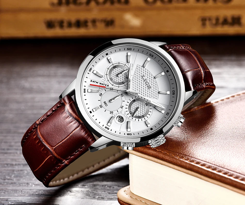 2023 New Mens Watches LIGE Top Brand Leather Chronograph Waterproof Sport Automatic Date Quartz Watch For Men Relogio Masculino