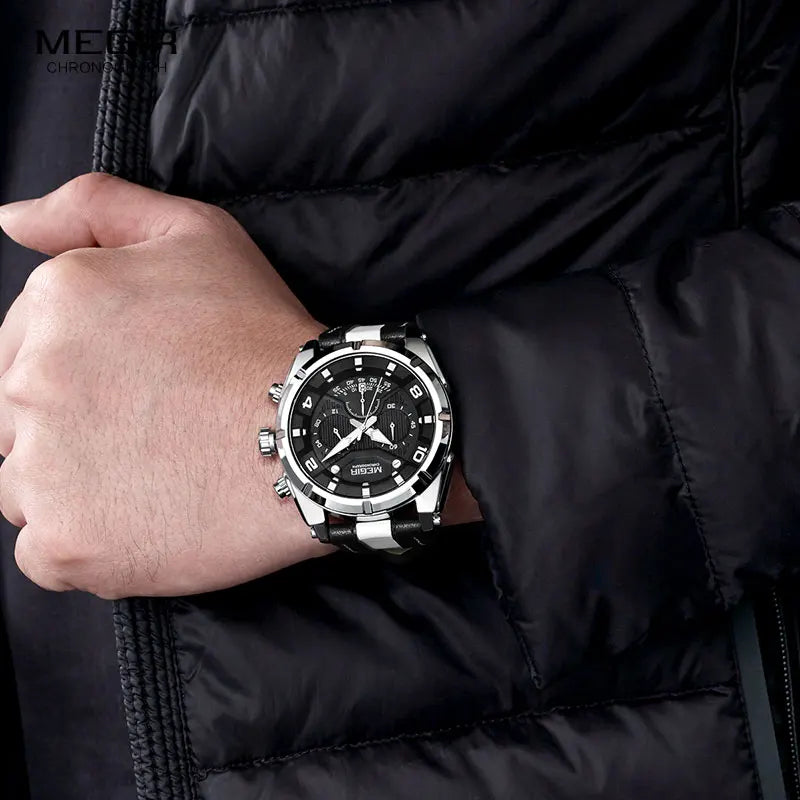 MEGIR Fashion Men's Chronograph Quartz Watches Leather Strap Luminous Hands 24-hour Sports Analogue Wristwatch for Man 2076White