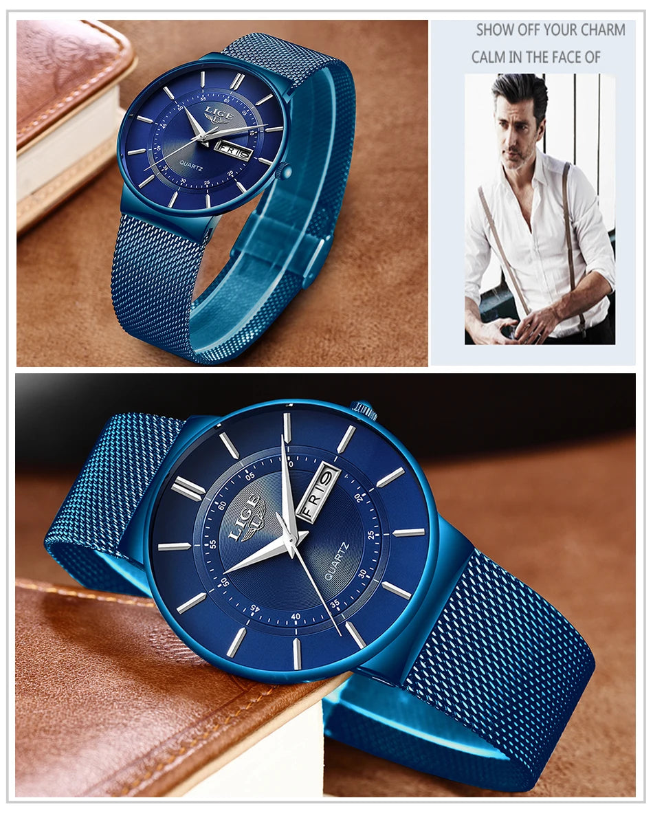 Relogio Masculino 2024 LIGE New Mens Watches Top Brand Luxury Ultra Thin Quartz Watch Men Steel Mesh Strap Waterproof Gold Watch