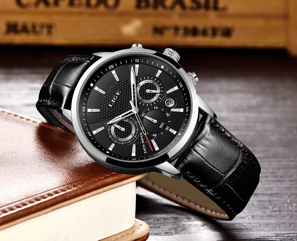 2023 New Mens Watches LIGE Top Brand Leather Chronograph Waterproof Sport Automatic Date Quartz Watch For Men Relogio Masculino