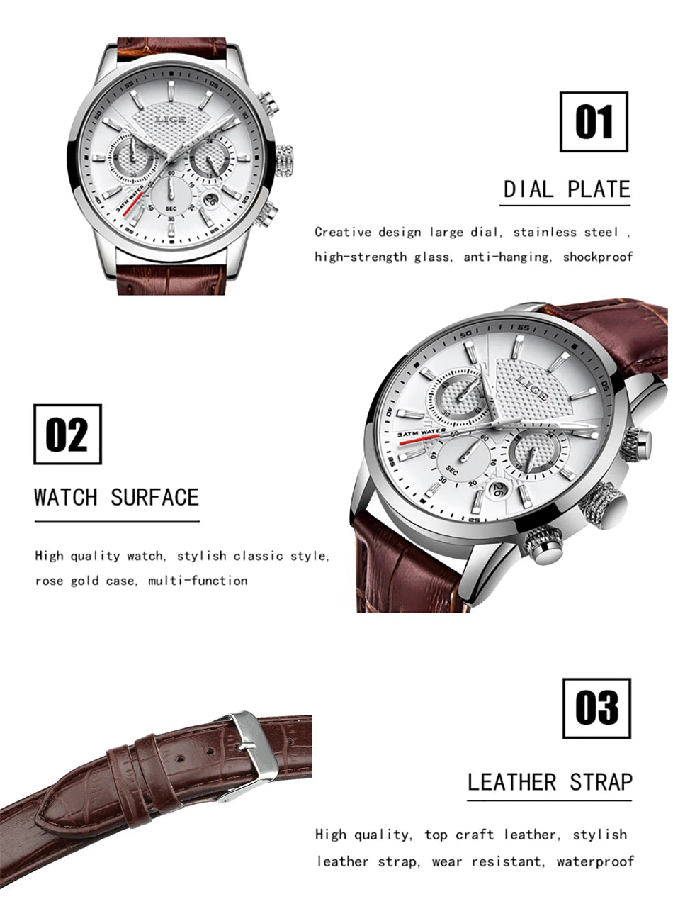 2023 New Mens Watches LIGE Top Brand Leather Chronograph Waterproof Sport Automatic Date Quartz Watch For Men Relogio Masculino
