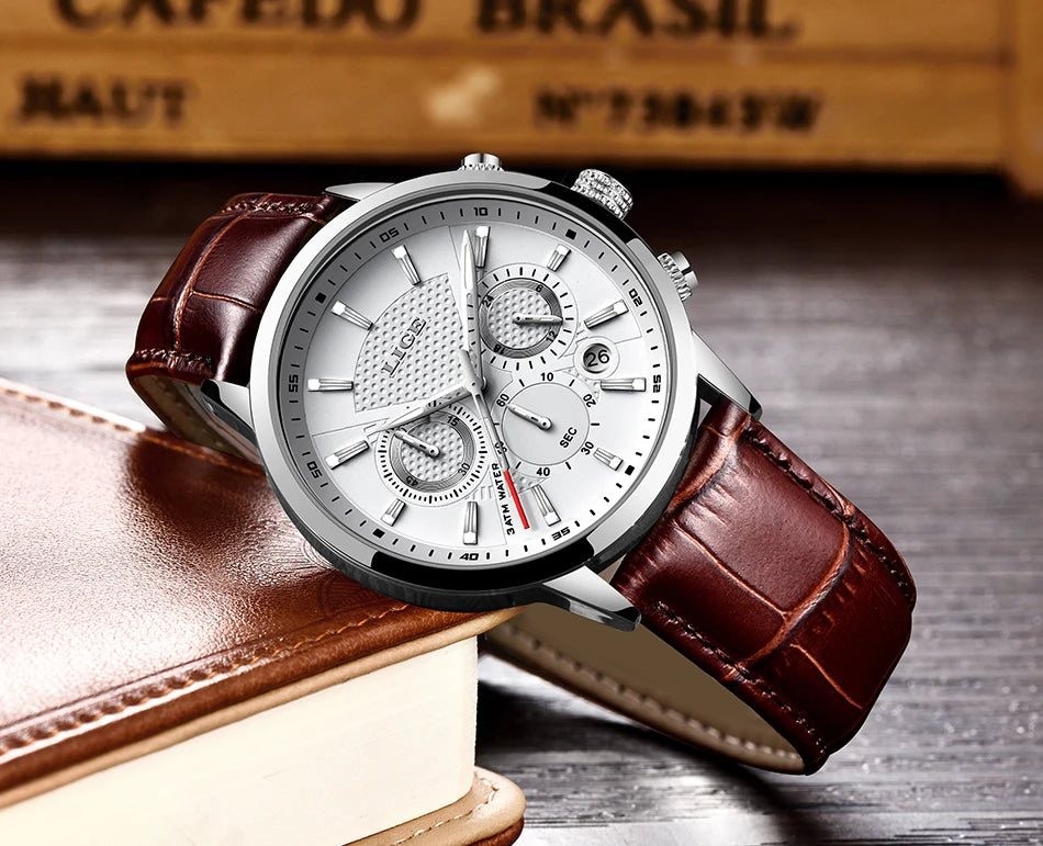 2023 New Mens Watches LIGE Top Brand Leather Chronograph Waterproof Sport Automatic Date Quartz Watch For Men Relogio Masculino