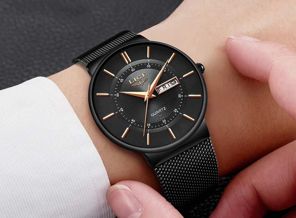 Relogio Masculino 2024 LIGE New Mens Watches Top Brand Luxury Ultra Thin Quartz Watch Men Steel Mesh Strap Waterproof Gold Watch