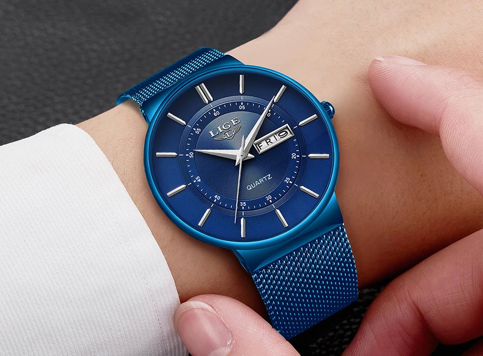 Relogio Masculino 2024 LIGE New Mens Watches Top Brand Luxury Ultra Thin Quartz Watch Men Steel Mesh Strap Waterproof Gold Watch