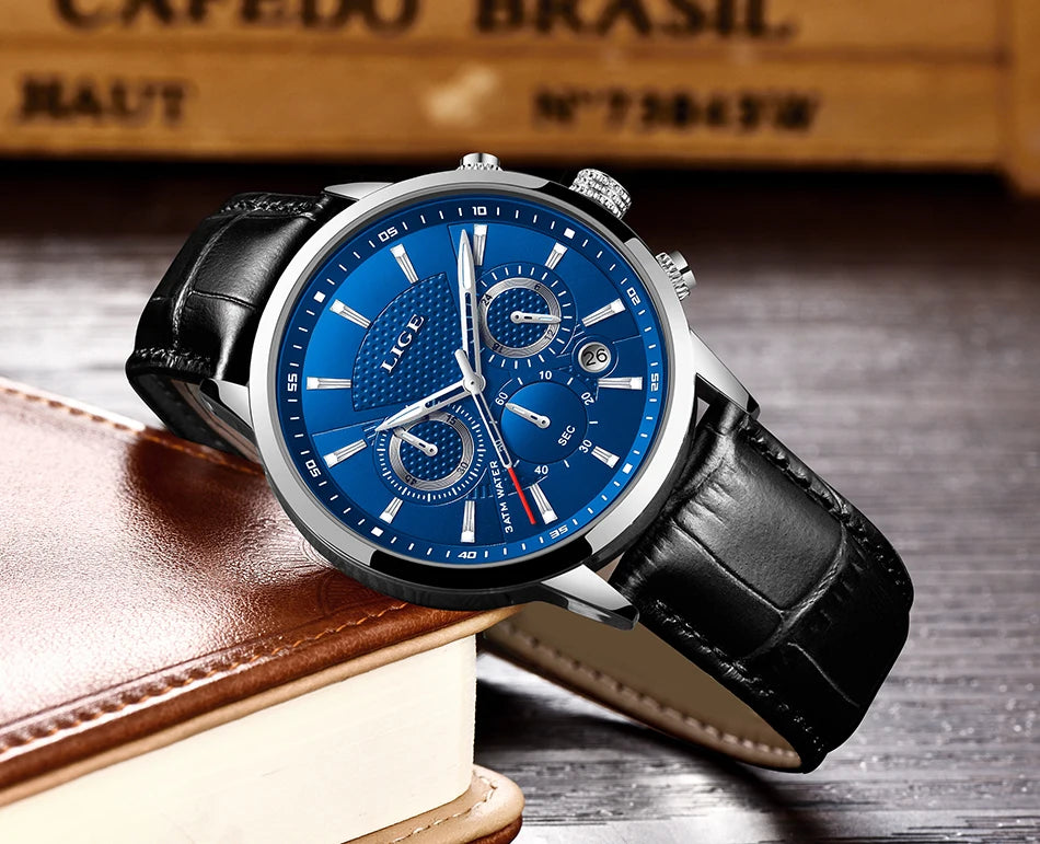 2023 New Mens Watches LIGE Top Brand Leather Chronograph Waterproof Sport Automatic Date Quartz Watch For Men Relogio Masculino