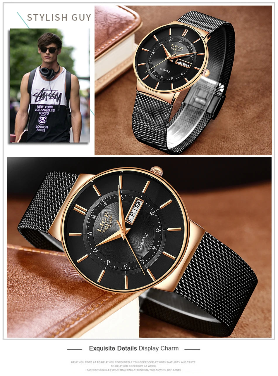 Relogio Masculino 2024 LIGE New Mens Watches Top Brand Luxury Ultra Thin Quartz Watch Men Steel Mesh Strap Waterproof Gold Watch