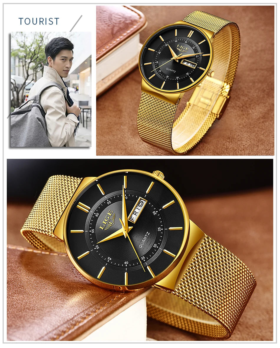 Relogio Masculino 2024 LIGE New Mens Watches Top Brand Luxury Ultra Thin Quartz Watch Men Steel Mesh Strap Waterproof Gold Watch